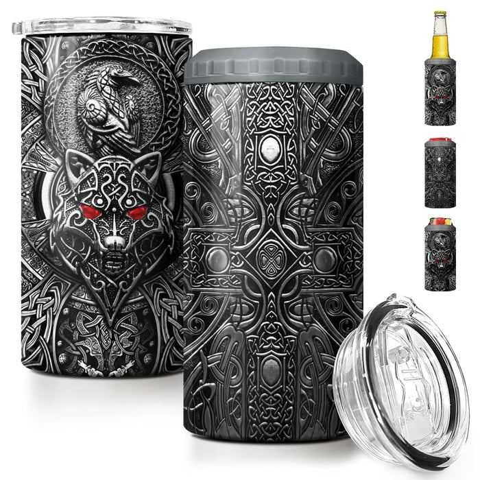SANDJEST Wolf Tumbler Raven Viking 4 in 1 12oz Tumbler Can Cooler Coozie Skinny Stainless Steel Tumbler Gift for Men Dad Son Father Husband Christmas Birthday