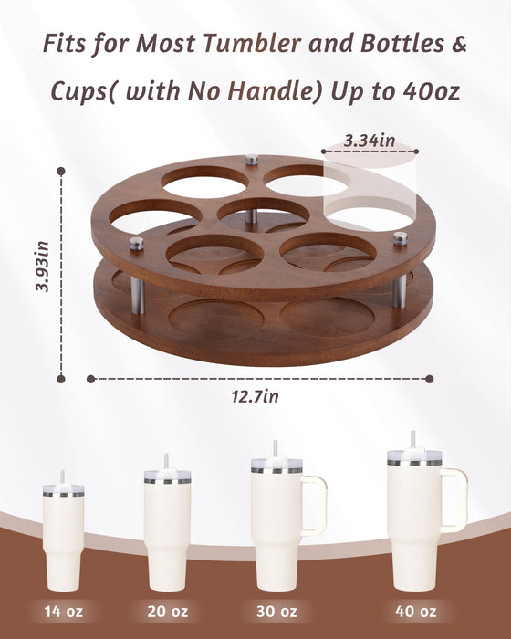 FAITIO Rotating Wood Tumbler Organizer, 30 oz 40 oz Spinning Turnable Tumblers Holder, 360° Rotatable 7 Large Cups Bottle Tumbler Storage Display Stand, Rotate Syrup Organizer for Cabinet Countertop
