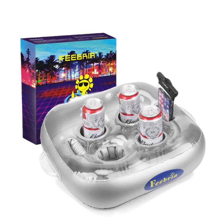 FEEBRIA Inflatable Floating Drink Holder for Pool Party Beach hot tub (Silver)