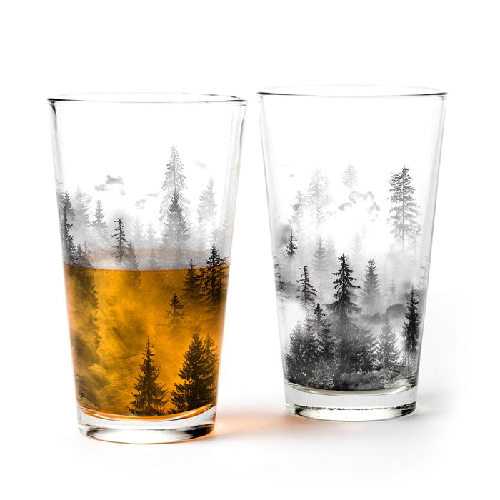 Black Lantern Nature Themed Pint Glasses Set of 2 – Pint Glasses in Unique Designs for Craft Beer Enthusiasts - (Set of Two 16oz. Glasses) - Beer Glasses for Nature Lovers (Forest & Clouds)