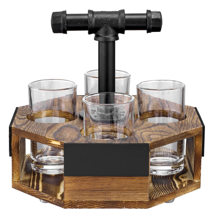 MyGift Burnt Solid Wood Geometric Beer Flight Server Set with Rustic Industrial Metal Pipe Handle, 4 Beer Glasses and Chalkboard Label Panel