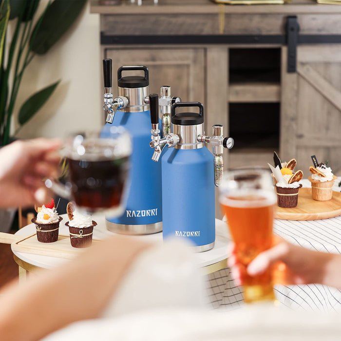 Razorri 128oz Stainless Steel Beer Growler, Double-Wall Vacuum Insulated Carbonated Keg with Professional Bar Tap and Pressurized CO2 Regulator, 1 Gallon, Ocean Blue