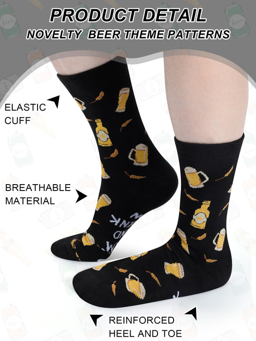 Cutecrop 6 Pairs Novelty Alcohol Socks for Men Whiskey Cocktail Coffee Oktoberfest Beer Crew Socks Xmas Gift for Drink Lovers(Beer)