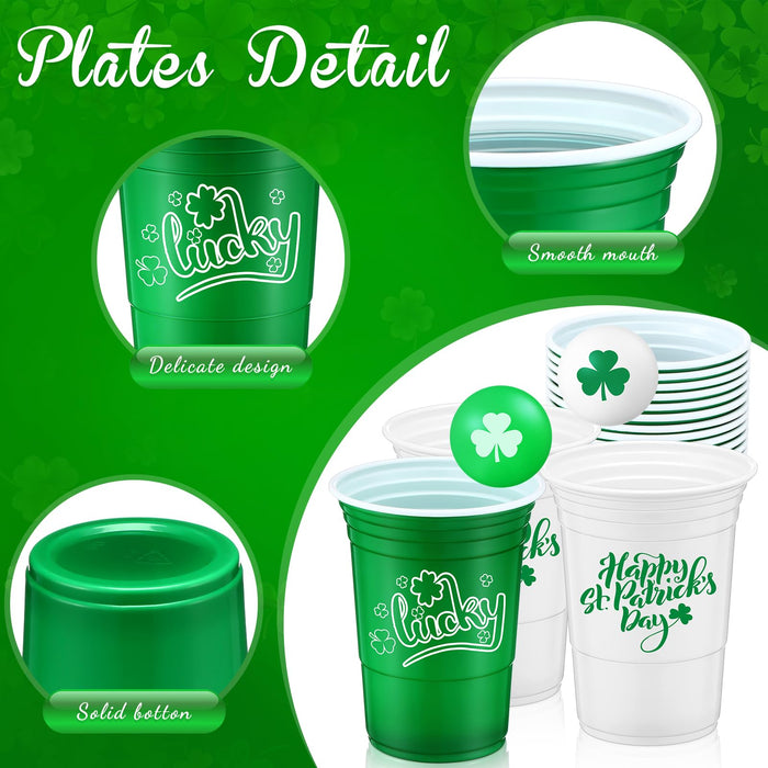 Pickmesh 30 Pack St. Patrick's Day Party Game Set, 22 Pack 16 oz St Patricks Day Plastic Beer Cups and 8 Pack 1.5in Green Shamrocks Balls Beer Game Set for Irish Festival Party Games Favors