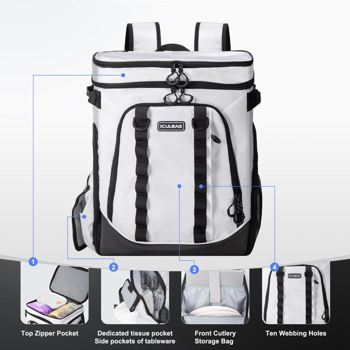 iculbag Cooler Backpack Insulated Waterproof 36cans Lunch Bags for Women Men Camping Beach Picnic Travel Soft Sided Cooler Bag for 18 Hours Cooling White 30L