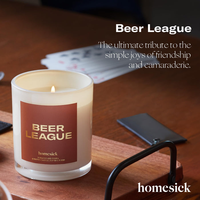 Homesick Scented Candles for Home (Beer League) - 7.5 oz Long-Lasting Natural Soy Wax Blend Jar Candle Gift for Women & Men for All Occasions, 30-35 Hours Burn Time - Notes of Tobacco & Tonka