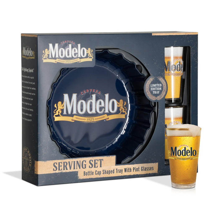 Marketplace Brands Modelo Beer Serving Set with Bottle Cap Shaped Tray and Pint Glasses