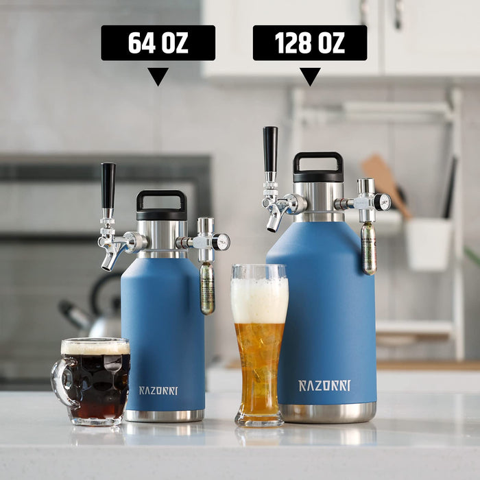 Razorri 128oz Stainless Steel Beer Growler, Double-Wall Vacuum Insulated Carbonated Keg with Professional Bar Tap and Pressurized CO2 Regulator, 1 Gallon, Ocean Blue