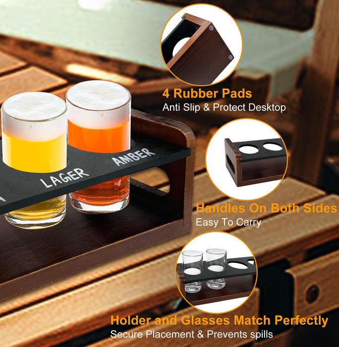 Beer Flight Boards with 4 Glasses 5oz,Wine Flight Tasting Set Tequila Margarita Whiskey Flight Board Wood Drink Serving Tray Shot Glass Holder with Erasable Chalkboard for Men Beer
