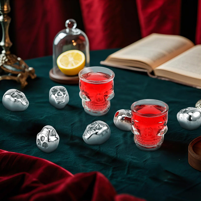 Inlisy Whiskey Stones Skull Edition Spooky Halloween Bar Gift, Set of 6 Metal Ice Cubes, 2 Skull Measuring Short Glasses and 1 Tip Tong, Reusable Stainless Steel Ice Cube