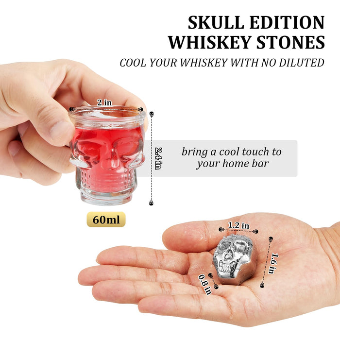 Inlisy Whiskey Stones Skull Edition Spooky Halloween Bar Gift, Set of 6 Metal Ice Cubes, 2 Skull Measuring Short Glasses and 1 Tip Tong, Reusable Stainless Steel Ice Cube
