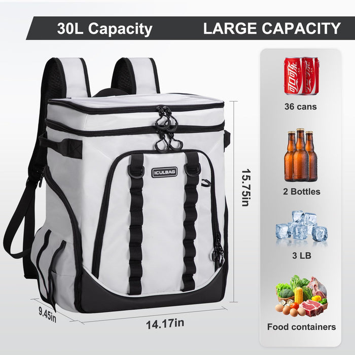iculbag Cooler Backpack Insulated Waterproof 36cans Lunch Bags for Women Men Camping Beach Picnic Travel Soft Sided Cooler Bag for 18 Hours Cooling White 30L