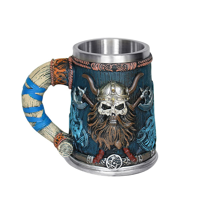 OTARTU Valhalla Viking Stainless Steel Single Handle Horn Skull Beer Stein Cup, Nordic Viking Warrior Skull Mug Tankard 17oz, Halloween Bar Drinkware Men’s Gift
