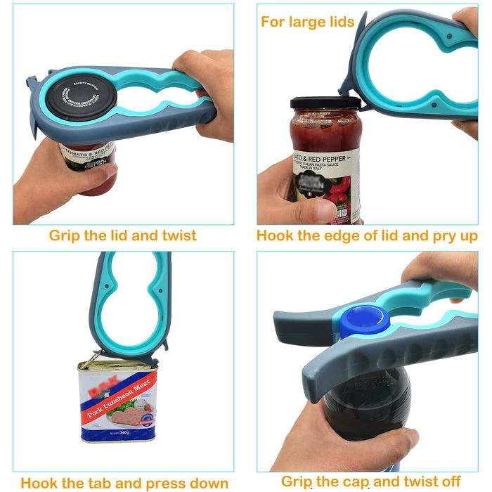 Otstar 6-in-1 Jar Opener & Bottle Opener Set for Weak Hands - Multi-Function Kitchen Opener Tool for Seniors with Arthritis, Elderly - Includes Jar Lid Gripper Pad, Corkscrew Opener