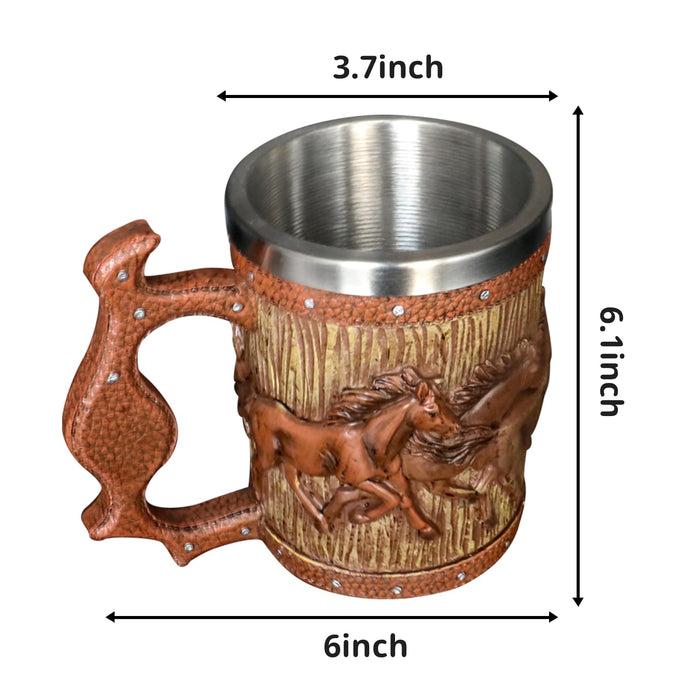 Wooden Barrel Beer Mug, 20oz Stainless Steel Horse Mug Coffee Cup Horses Gifts for Women Men Gift for Birthday Christmas, Gothic Decor Party Decoration Drinkware Gift