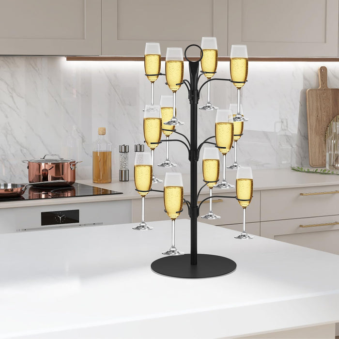 Cocktail Tree Stand – 3-Tier Champagne Tower with 12 Holders – Rotating Wine Glass Holder for Cocktails, Martinis, Margaritas & Champagne – Elegant Drink Tower for Parties, Weddings & Events(Black)