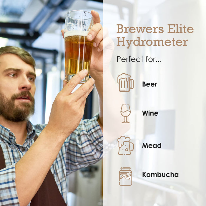 Brewer's Elite Hydrometer for Home Brew Beer, Wine, Mead and Kombucha - Deluxe Triple Scale Set with Hardcase and Cloth - Specific Gravity ABV Tester