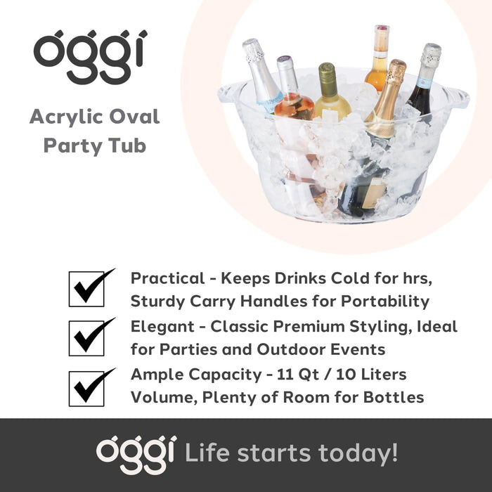 OGGI Acrylic Oval Party Tub - Clear Beverage Cooler w/Handles, Wine Cooler, Beer Chiller, Ideal Party Tubs for Drinks, Use Ice Tub for Indoor or Outdoor Bars, 18.5" x 11"