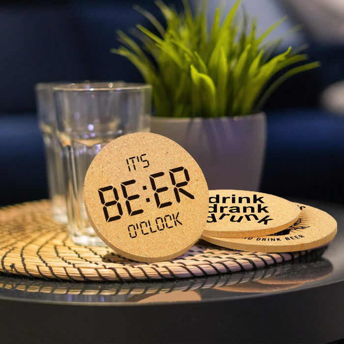 Cegkuc Coasters for Drinks with Holder Set of 6, Absorbent Cork Wood Coaster for Cup Desk Office Table Kitchen Decor House Warming Gifts for New Home Couples, Round 4"