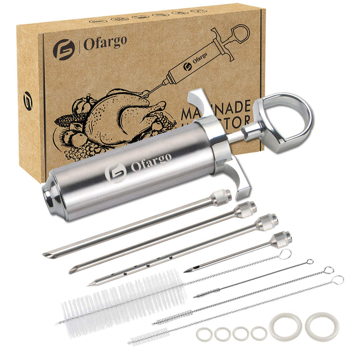 Ofargo Stainless Steel Meat Injector Syringe Kit with 4 Marinade Needles for BBQ Grill Smoker, Father Day Gifts for Dad Husband Men Him, 2-oz Large Capacity, Both Paper User Manual and E-Book Recipe