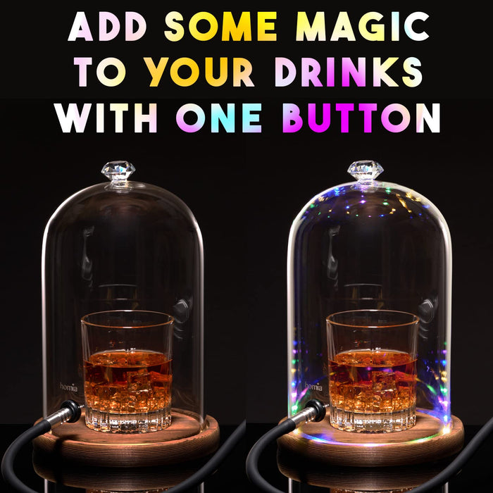 Smoking Gun Accessory LED lights Glass Dome 9" x 5.7" Lid with Wooden Base - Smoke infuser Cover Lid for Cocktail Smoker - Dome for Cold Smoke, Smoking Cloche for Drinks