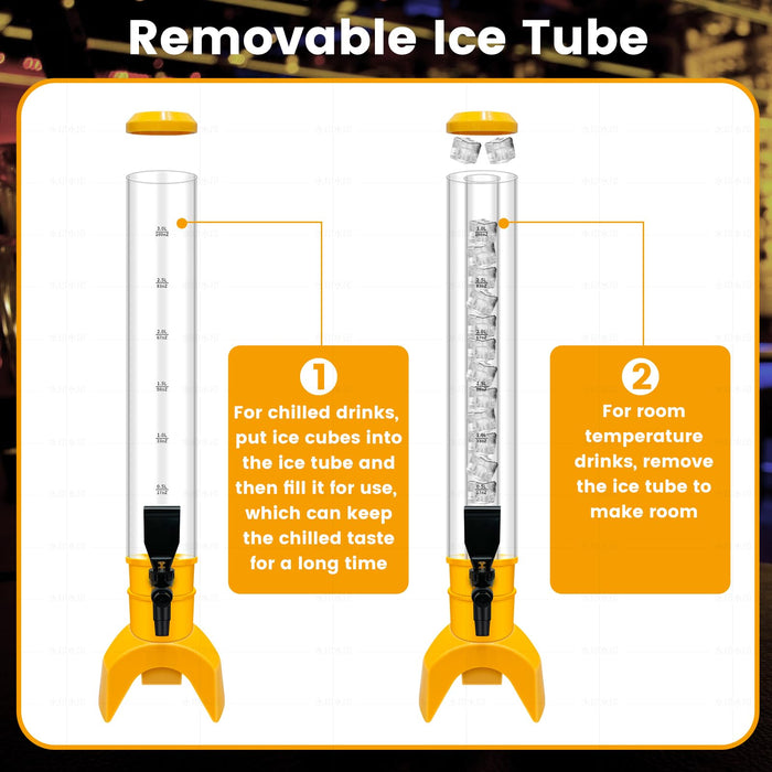 Julymoda 2 Pcs Beer Dispenser, 3L/100 Oz Mimosa Tower with Ice Tube for Bar Party, Tabletop Beer Dispenser for Beer, Liquor, Beverage (Yellow)