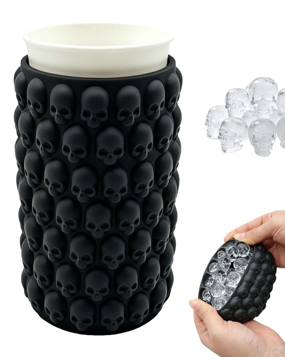 Skull Silicone Ice Cube Mold with Drink Glass,3D Skull Shape Ice Cubes, Ice Cylinder, Flexible Mold for Drinkers, Bartenders, Halloween Party, Ideal Gifts for Men (Black)