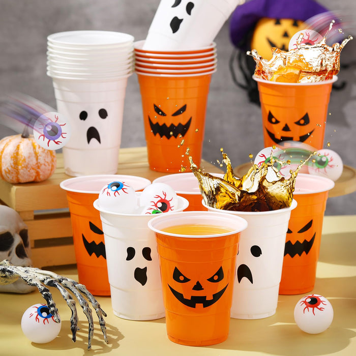 Seenelling 30 Pack Halloween Party Supplies Includes 22 Pcs Beer Cups with Halloween Designs and 8 Pcs 1.5In Fake Eye Balls for Party Favors Indoor Outdoor Nighttime Competitive(Pumpkin Ghost)