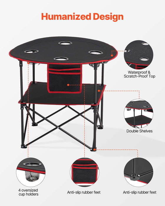 VEVOR Folding Camping Table, Portable Outdoor Lightweight Picnic Table, 600D Oxford Fabric Waterproof Canvas Travel Beach Tables, with 4 Cup Holders, Carry Bag, for Tailgating Camping Picnic, Black