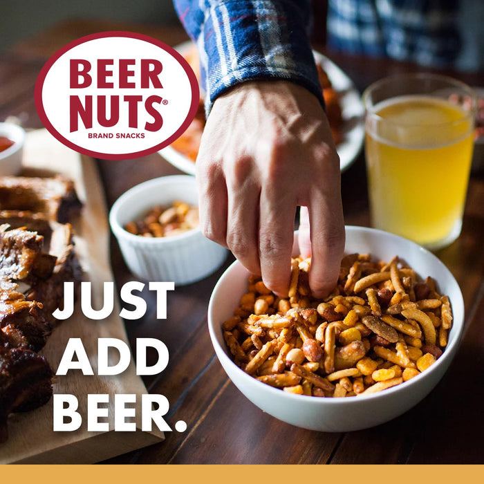 BEER NUTS Original Bar Mix - Crunchy Party Pretzels, Cheese Sticks, Sesame Sticks, Roasted Corn Nuts, & Original Roasted Sweet Glazed Salted Peanuts - Chips Alternative Snack - 26oz Resealable Jar