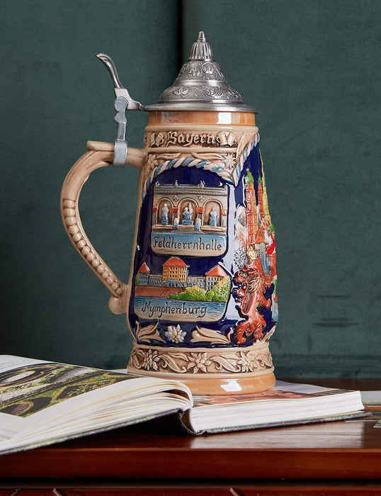 HAUCOZE Beer Stein Mug German Munich Bavarian Drinking Viking Tankard with Petwer Lid for Birthday Gifts Men Father Husband 1.0Liter