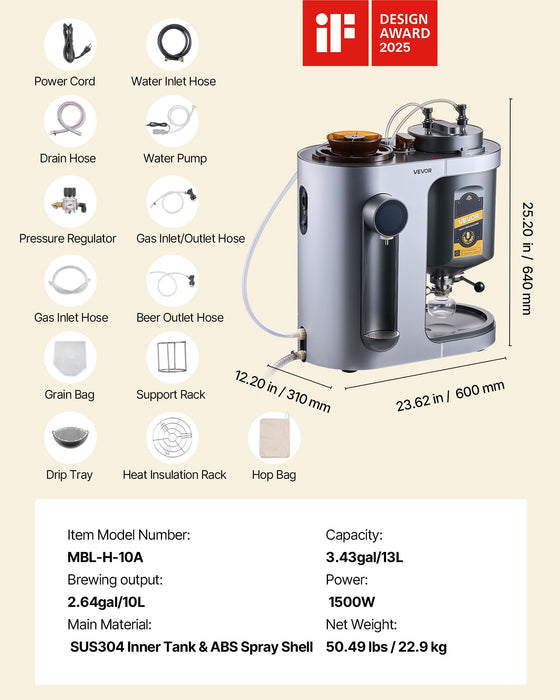 VEVOR Automatic Home Beer Brewer, 3.43 Gal All-in-One Home Brew Machine, 1500W Power Electric Beer Maker Machine with Mash Boil Device, 304 Stainless Steel Inner Tank, Auto Temp & Pressure Control