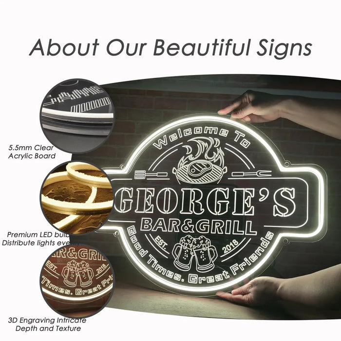 Custom Bar & Grill Neon Sign, Personalized Name Light for Home Bar or Man Cave, Unique LED Gift for Dad, Husband or Friend