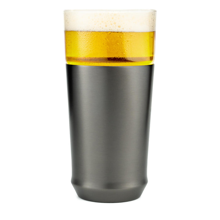 Elevated Craft Hybrid Vacuum Insulated Stainless Steel Base with Removable Pint Glass Insert, Ideal Insulation for Beers & Cold Beverages with Built-in Bottle Opener, Durable & Stylish, Black (16 oz)