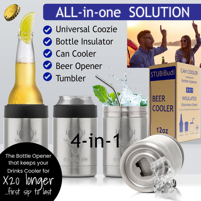 OAKMANN Stainless Steel Beer Cooler With Bottle Opener, Vacuum Insulated Can Cooler 12 oz for Bottles Cans, 4-in-1 Universal Insulator Coozy for Bottles Cans, Beer Gifts for Men (Steel)