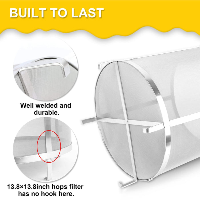 PSLER 13.8×13.8 inch (35×35cm) Wine Beer Dry Hops Filter Brewing Hopper Strainer 300 Micron Mesh Barrel Brewing Grain Basket Strainer for Homebrew Hops Wine Beer Tea Kettle Brew Filter