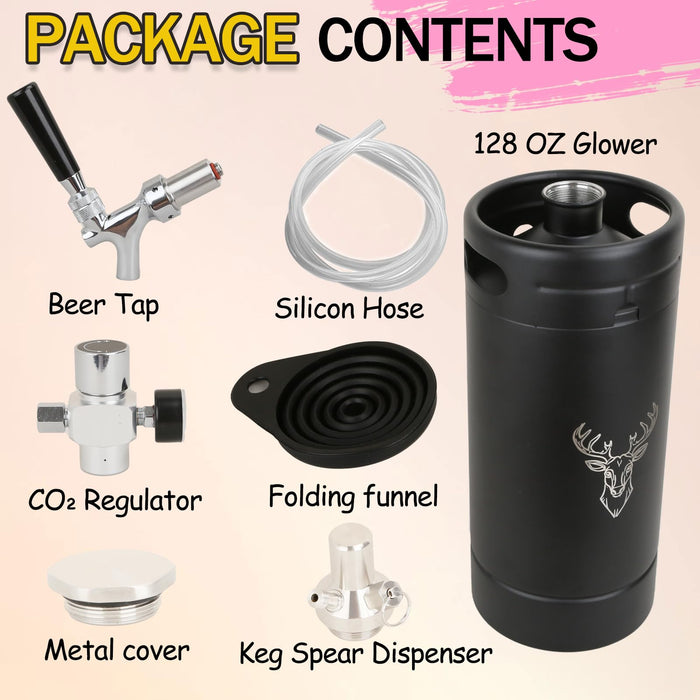 Beer Growler Tap System,128oz Portable Mini Keg Draft Beer Dispenser with Foldable Funne and Pressure Display,Stainless Steel Pressurized Beer Growler, Leak-Proof Ring, Homebrew, Craft Beer