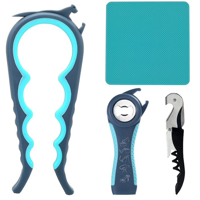 Otstar 6-in-1 Jar Opener & Bottle Opener Set for Weak Hands - Multi-Function Kitchen Opener Tool for Seniors with Arthritis, Elderly - Includes Jar Lid Gripper Pad, Corkscrew Opener