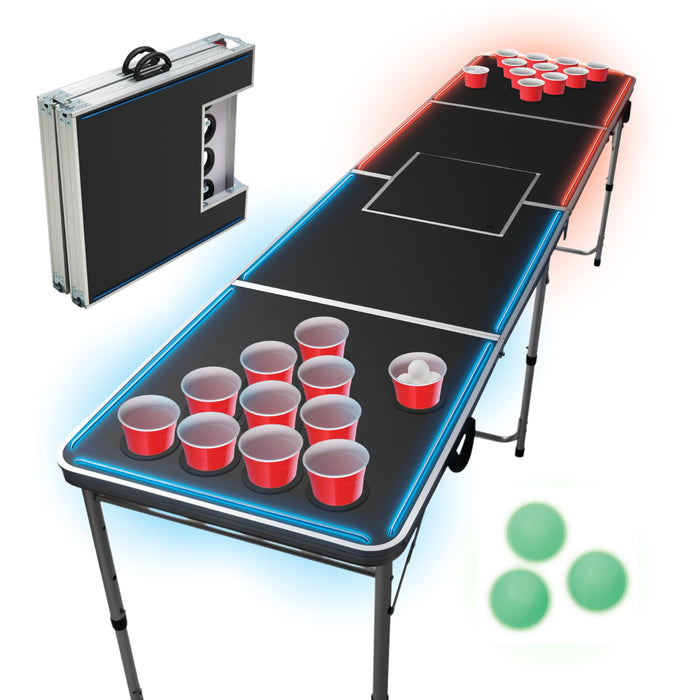 LED Portable Pong Table, Folding Party Game Set, for Tailgating and Outdoor Parties, 8-Foot Length
