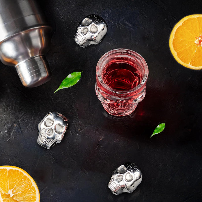 Inlisy Whiskey Stones Skull Edition Spooky Halloween Bar Gift, Set of 6 Metal Ice Cubes, 2 Skull Measuring Short Glasses and 1 Tip Tong, Reusable Stainless Steel Ice Cube
