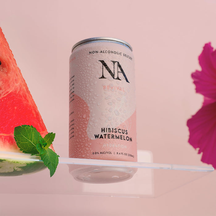 NA Functional Non-Alcoholic Drinks with Mushrooms & L-Theanine | Sea Salt for Hydration | Low Sugar, Low Calorie Adaptogen Social Tonic, Hibiscus Tea and Watermelon Mocktail, 8.4oz Cans (12 Pack)