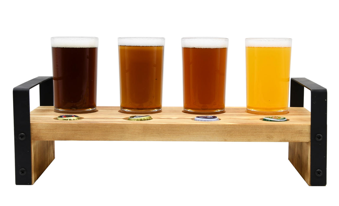 Owlgift Brown Wood Beer Flight Sampler Tray Holder Serving Set w/ 4 Glasses & Bottle Cap Holder & Black Metal Handles, Outdoor Bar Accessory, Drink Stand, Beer Gifts