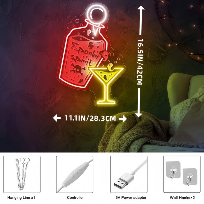 Halloween Spooky Spirits Neon Sign Cocktail LED Light, Dimmable USB-Powered with Adjustable Brightness, Easy to Hang, Wall Decor for Lounge, Home Bar&Haunted Pub
