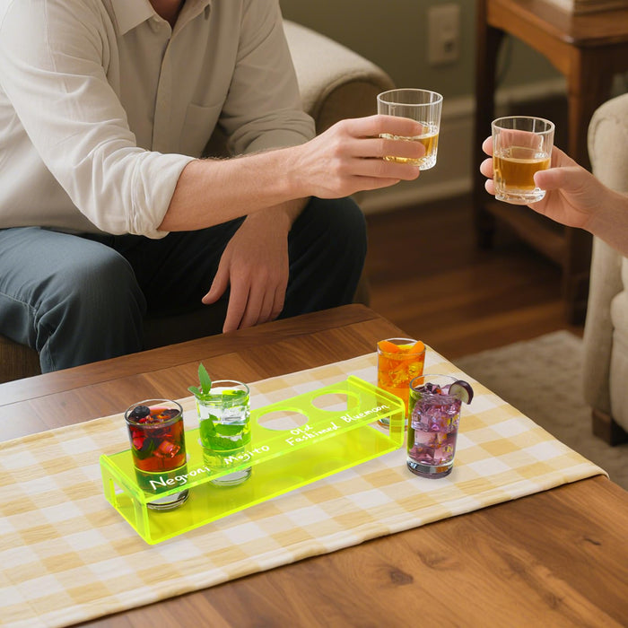 Acrylic Drink Flight Boards with Glasses - Neongreen Drink Flight Tray Set - Cocktail and Mimosa Tasting Tray - Writable Beer Flight Boards for Hosting Essentials Bartender Accessories