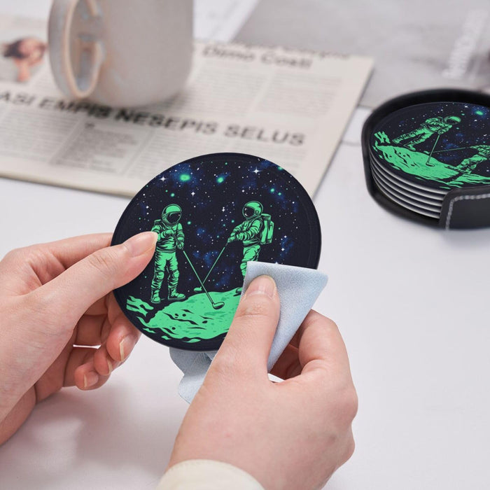 Coasters for Drinks Beer, Coffee Leather Drink Coasters Set of 6 with Holder Glow in The Dark Coffee Cup Mat Heat Resistant Tabletop Protection Coaster Desk Accessorie Home Decorative