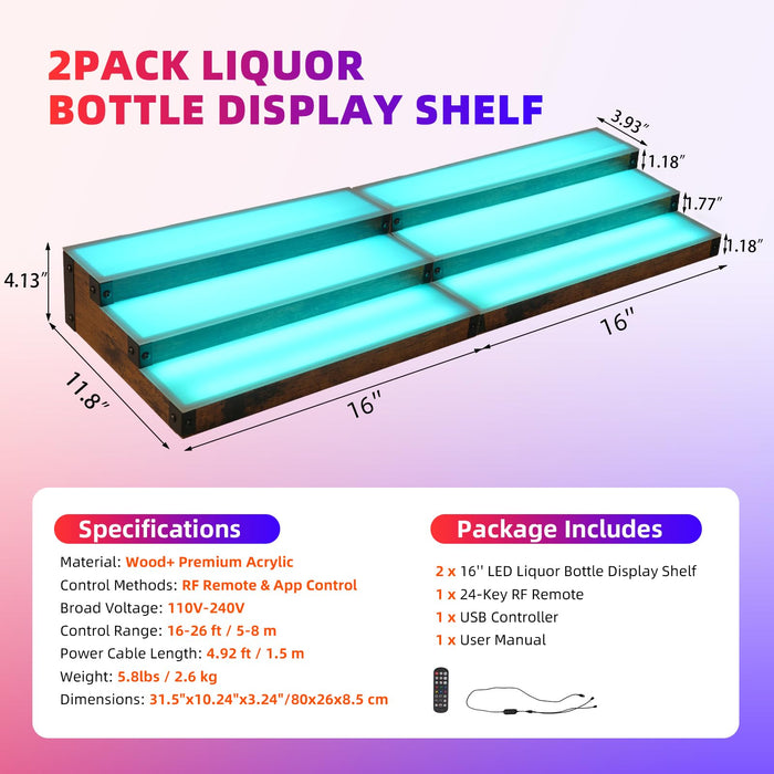 2-Pack 16‘’ LED Lighted Liquor Display, 3-Tier 30Inch Total Bar Shelves for Liquor Bottle, Illuminated Home Bar Shelf with RF & App Control, 7 Colors, Music Sync& 1-4H Timming, Light-Up Whiskey Rack