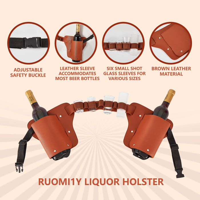 Ruomi1y Beer Holster, PU Leather Shot Glass Holder Beer Belt Bottle Gifts for Men, Beer Lovers, Cowboys