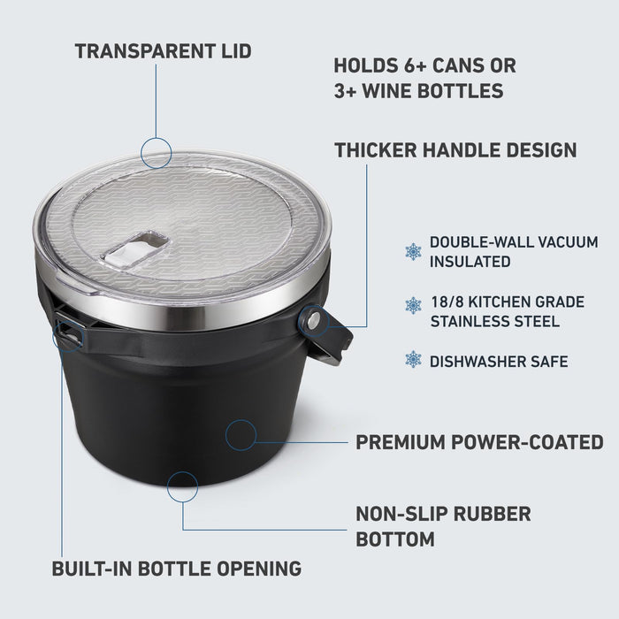 COKTIK 7L Insulated Ice Bucket with Lid，Double Wall Vacuum Stainless Steel Beverage Bucket Keeps Frozen Longer，Holds 6 Longnecks or 3 Bottles of Wine，for Cocktail, Champagne(No Accessories, Black)