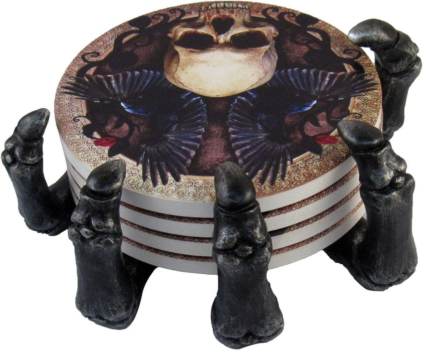 DWK - Helping Hand - Beautiful Gothic Skull Beverage Coasters with Creepy Skeleton Hand Holder for Halloween Home Kitchen Dining and Bar Décor Accent, 5.5-inch