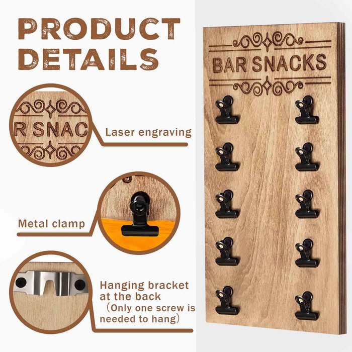 Weysat Bar Snacks Holder for Home Bar, Man Cave Snack Organizer Wall Mounted, Rustic Wooden Chip Display Rack with Clips, Gifts for Husband Dad Boyfriend, Father’s Day Accessories